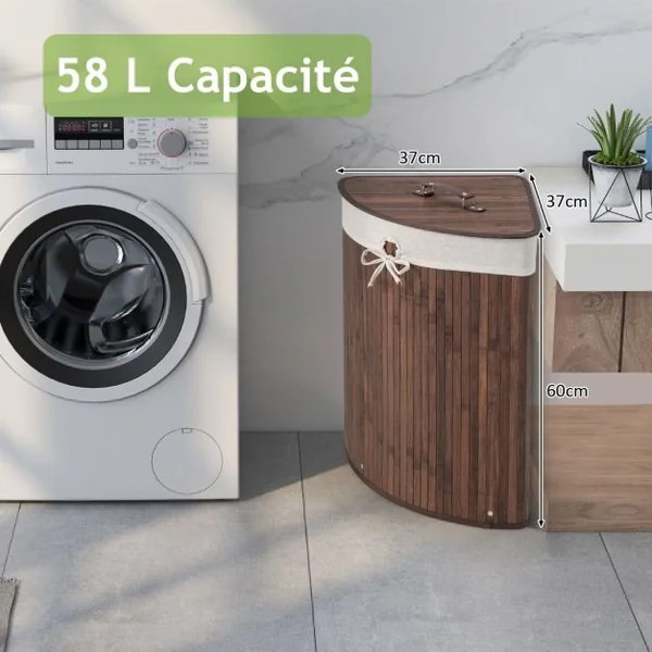 Panier à Linge 58L en Bambou avec Couvercle Bac à Linge d’Angle pour Buanderie Salle de Bain Café