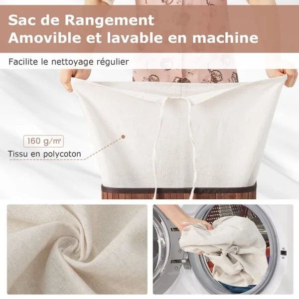 Panier à Linge 72L en Bambou avec Couvercle et 3 Poignées pour Buanderie Salle de Bain Marron
