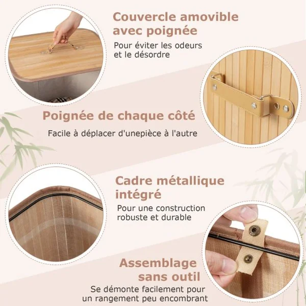 Panier à Linge 72L en Bambou avec Couvercle et 3 Poignées pour Buanderie Salle de Bain Naturel