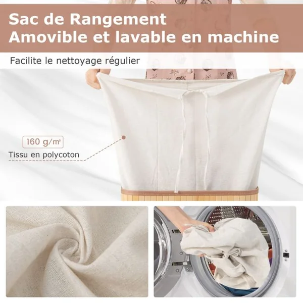 Panier à Linge 72L en Bambou avec Couvercle et 3 Poignées pour Buanderie Salle de Bain Naturel