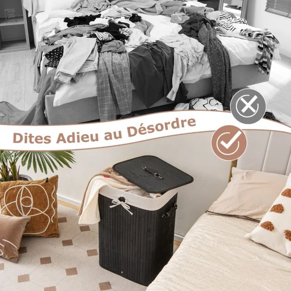 Panier à Linge 72L en Bambou avec Couvercle et 3 Poignées pour Buanderie Salle de Bain Noir