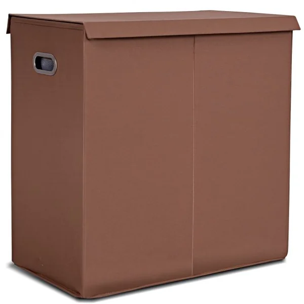 Panier à Linge Compartimenté Pliable Panier de Rangement 2 Compartiments en MDF Coton Polyester, 65x36x63,5cm, Brun