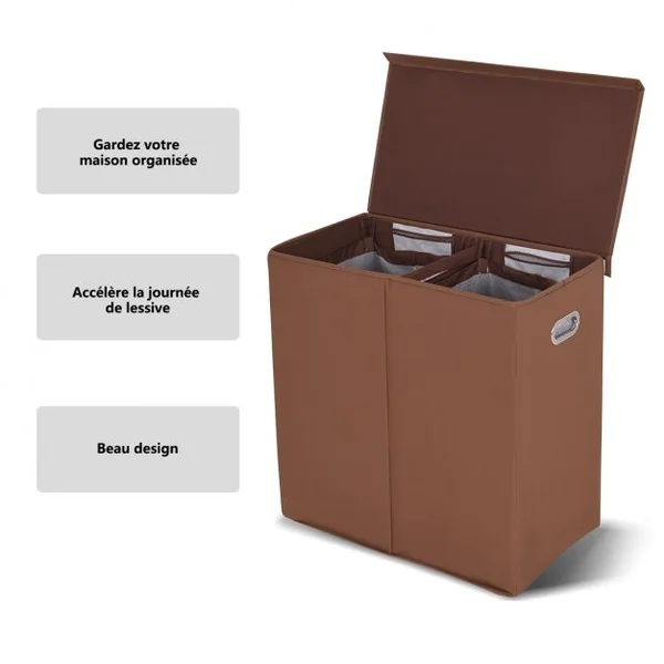Panier à Linge Compartimenté Pliable Panier de Rangement 2 Compartiments en MDF Coton Polyester, 65x36x63,5cm, Brun