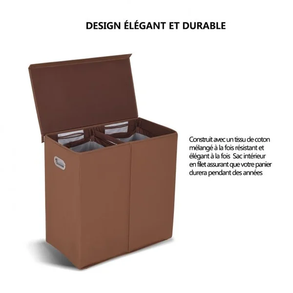 Panier à Linge Compartimenté Pliable Panier de Rangement 2 Compartiments en MDF Coton Polyester, 65x36x63,5cm, Brun