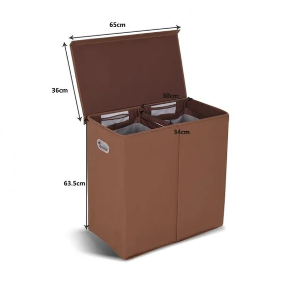 Panier à Linge Compartimenté Pliable Panier de Rangement 2 Compartiments en MDF Coton Polyester, 65x36x63,5cm, Brun
