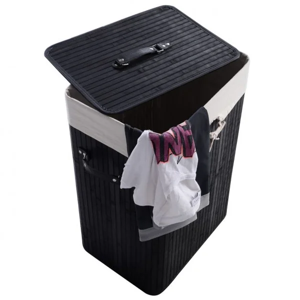 Panier à linge en bambou robuste avec sac amovible en coton, Couvercle, Poignées, 72L, 40x30x60cm, Noir