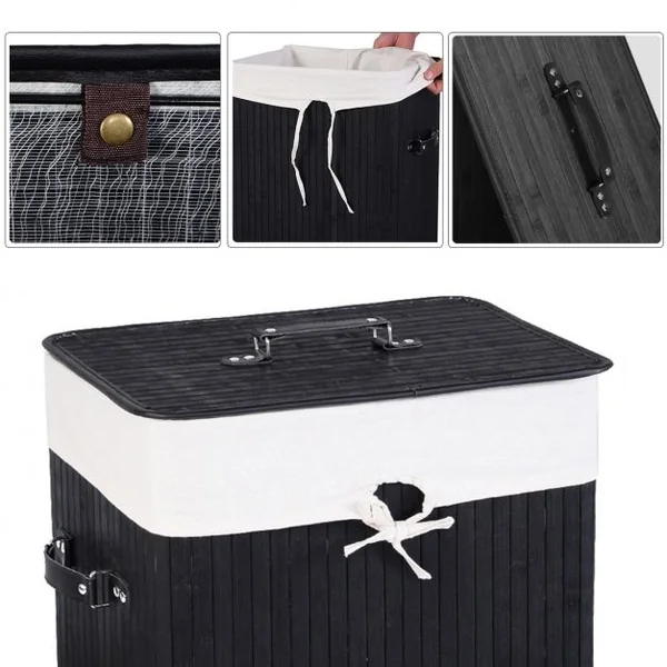 Panier à linge en bambou robuste avec sac amovible en coton, Couvercle, Poignées, 72L, 40x30x60cm, Noir