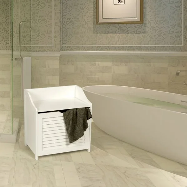 Panier à Linge en Bois avec Doublure en Coton Amovible et Lavable avec Design Couvercle et Persienne Blanc