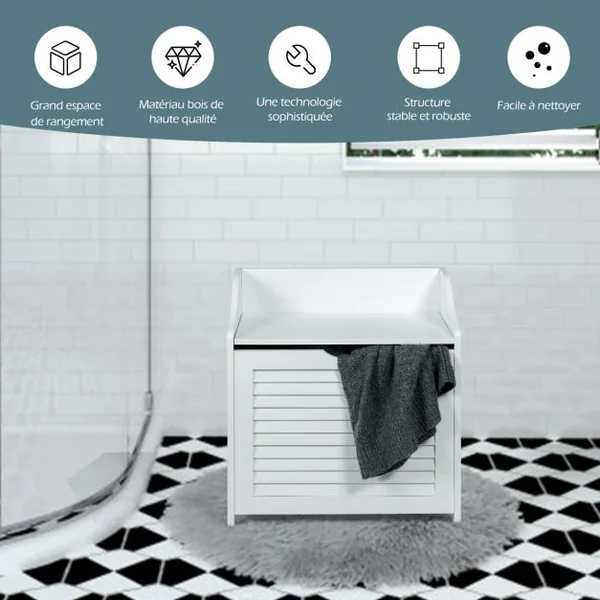 Panier à Linge en Bois avec Doublure en Coton Amovible et Lavable avec Design Couvercle et Persienne Blanc