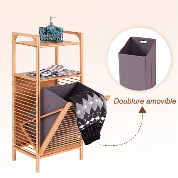 Panier à Linge Inclinable et Imperméable Panier pour Vêtements Sales avec Sac Amovible en Bambou Naturel 40x30x95cm