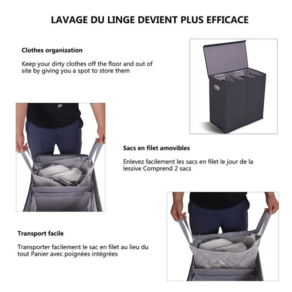 Panier à Linge à 2 Compartiments Séparés Sacs à Linge et de Rangement Amovibles et Pliables en Mdf 65x36x635cm Gris