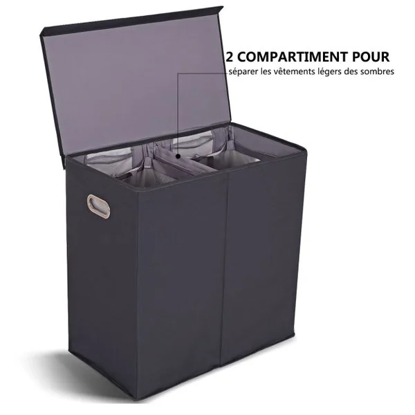 Panier à Linge à 2 Compartiments Séparés Sacs à Linge et de Rangement Amovibles et Pliables en Mdf 65x36x635cm Gris