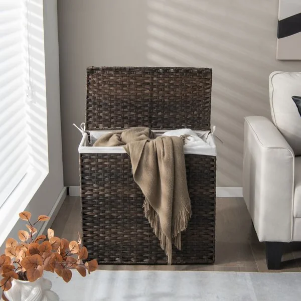 Panier à Linge à Roulettes 110L 3 Compartiments Rotin Synthétique avec Couvercle Sac Intérieur Amovible et Lavable Marron