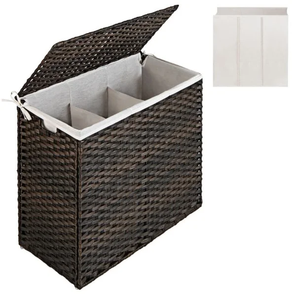 Panier à Linge à Roulettes 110L 3 Compartiments Rotin Synthétique avec Couvercle Sac Intérieur Amovible et Lavable Marron