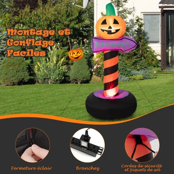 Panneau de Signalisation de 180 cm Gonflable avec Citrouille d’Halloween Lumière LED Intégrée