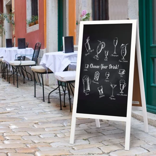 Panneau Publicitaire Tableau Noir Magnétique Double face Chevalet de Trottoir en Bois MDF Acier 50x53x98cm Blanc