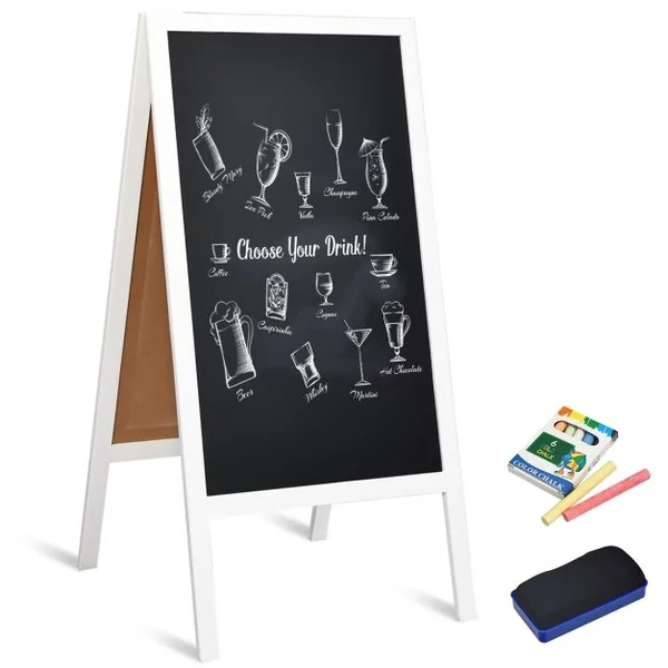 Panneau Publicitaire Tableau Noir Magnétique Double face Chevalet de Trottoir en Bois MDF Acier 50x53x98cm Blanc