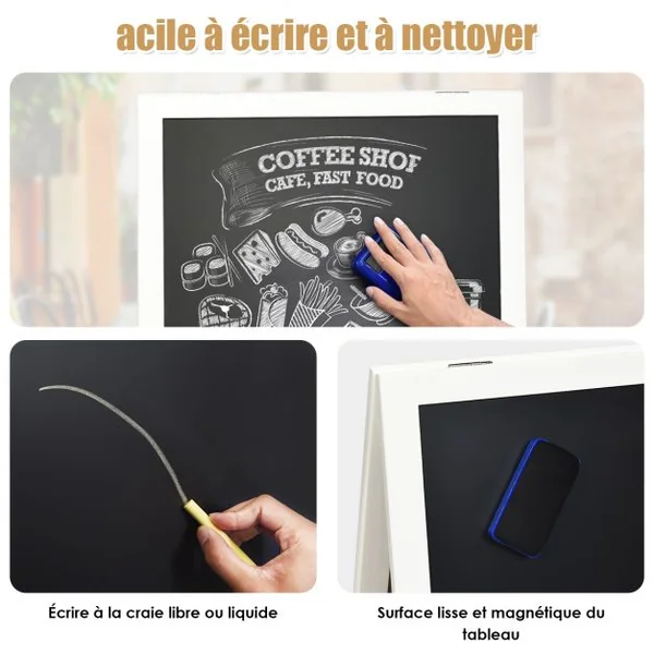Panneau Publicitaire Tableau Noir Magnétique Double face Chevalet de Trottoir en Bois MDF Acier 50x53x98cm Blanc