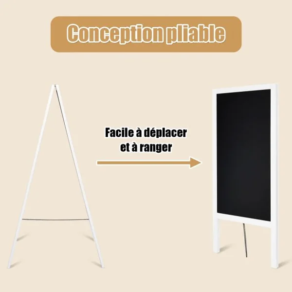 Panneau Publicitaire Tableau Noir Magnétique Double face Chevalet de Trottoir en Bois MDF Acier 50x53x98cm Blanc
