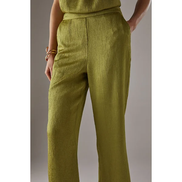 Pantalon Court Évasé en Satin Froissé