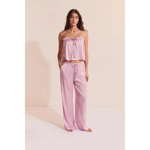 Pantalon de pyjama satiné à motifs fleurs avec charms