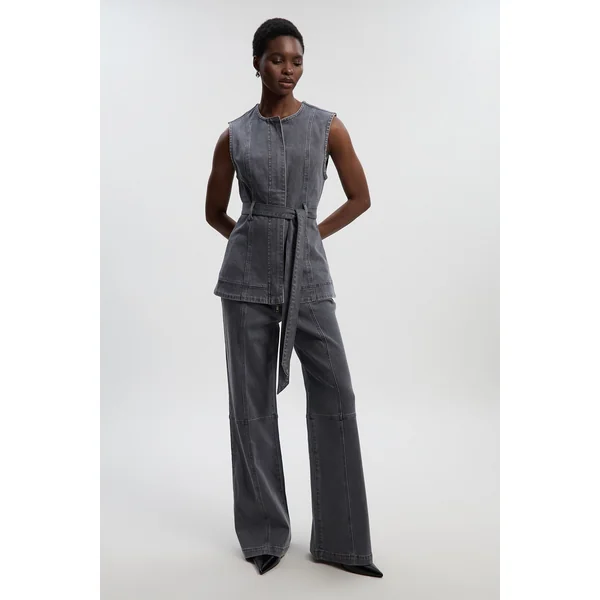 Pantalon Droit en Denim à Boutonnage Devant