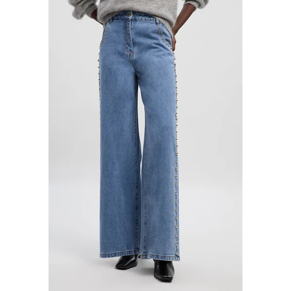 Pantalon Large en Denim à Clous