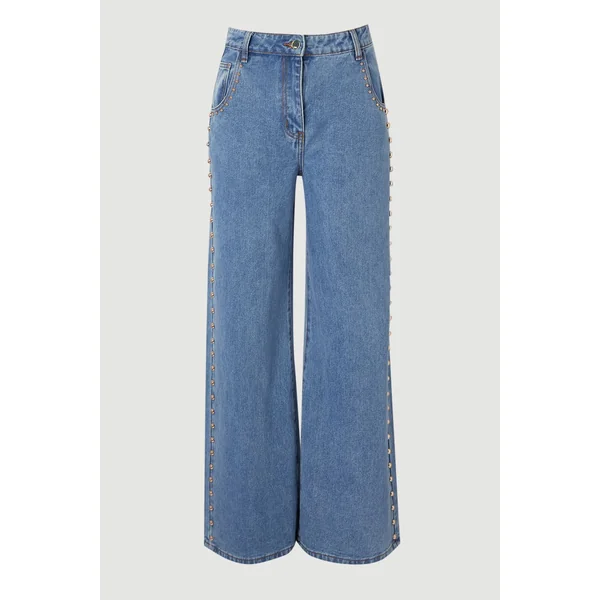 Pantalon Large en Denim à Clous