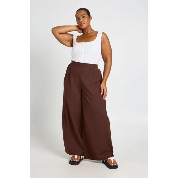 Pantalon Large Plissé Aspect Lin Grande Taille
