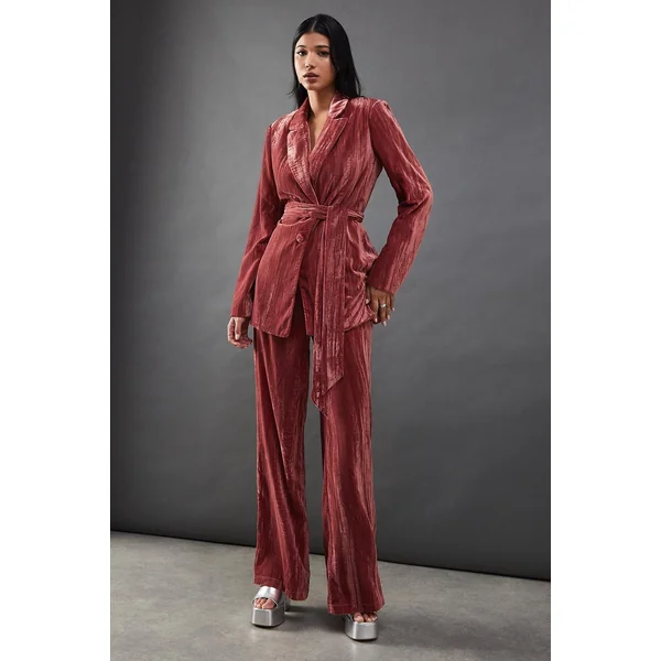 Pantalon Tailleur Taille Haute en Velours Froissé