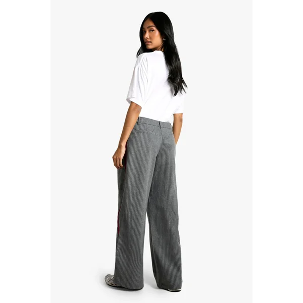 Pantalon Tailleur à Jambe Large, Rayures Fines et Détail en Bande Latérale