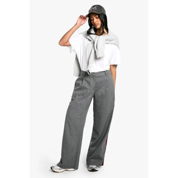 Pantalon Tailleur à Jambe Large, Rayures Fines et Détail en Bande Latérale