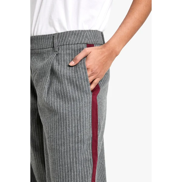 Pantalon Tailleur à Jambe Large, Rayures Fines et Détail en Bande Latérale