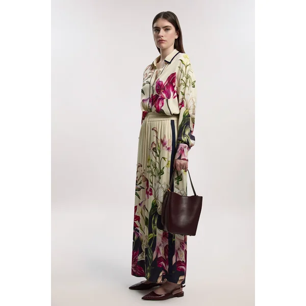 Pantalon Tissé à Jambes Larges en Satin de Viscose à Imprimé Floral
