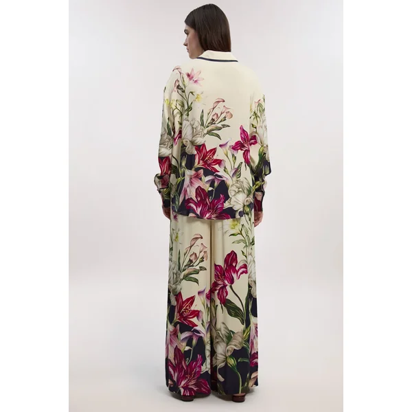 Pantalon Tissé à Jambes Larges en Satin de Viscose à Imprimé Floral