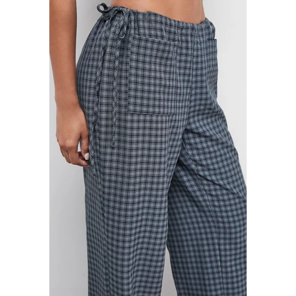 Pantalon à Carreaux Verts Taille Moyenne avec Liens Latéraux et Poches