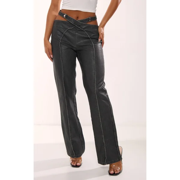 Pantalon À Pinces En Synthétiquecuir Délavé Avec Ceinture Ajourée