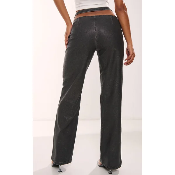 Pantalon À Pinces En Synthétiquecuir Délavé Avec Ceinture Ajourée