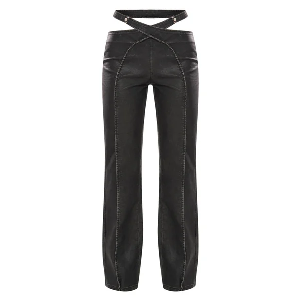 Pantalon À Pinces En Synthétiquecuir Délavé Avec Ceinture Ajourée