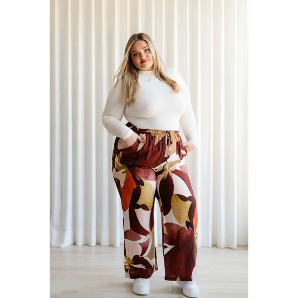 Pantalons fluides imprimés - motifs bourgogne