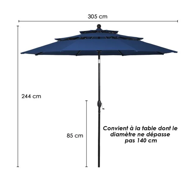 Parasol Auto-inclinable 3M à 3 Niveaux avec Double Ventilation Fonctionnement avec Manivelle Poteau en Aluminium Bleu Foncé