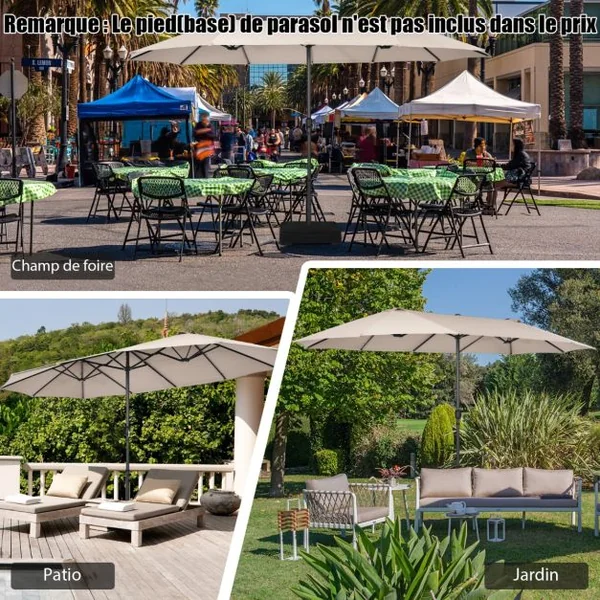 Parasol de Jardin Extérieur 470 x 280 CM Grande Taille XXL, Parasol Plage à 12 Côtes Manivelle Cadre Métal Toile Polyester Parasol Double Jumeau pour Cour Patio Terrasse Piscine Beige