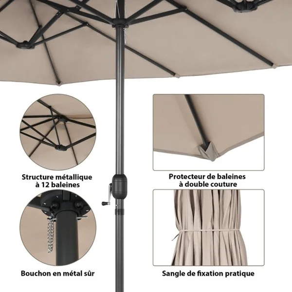 Parasol de Jardin Extérieur 470 x 280 CM Grande Taille XXL, Parasol Plage à 12 Côtes Manivelle Cadre Métal Toile Polyester Parasol Double Jumeau pour Cour Patio Terrasse Piscine Beige