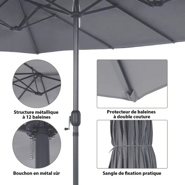 Parasol de Jardin Extérieur 470 x 280 CM Grande Taille XXL, Parasol Plage à 12 Côtes Manivelle Cadre Métal Toile Polyester Parasol Double Jumeau pour Cour Patio Terrasse Piscine Gris