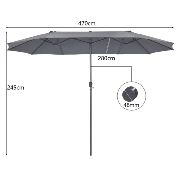Parasol de Jardin Extérieur 470 x 280 CM Grande Taille XXL, Parasol Plage à 12 Côtes Manivelle Cadre Métal Toile Polyester Parasol Double Jumeau pour Cour Patio Terrasse Piscine Gris