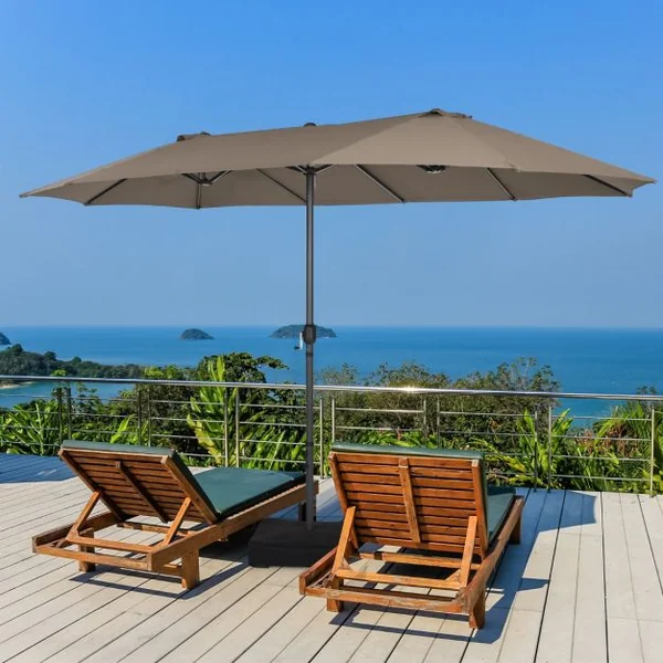 Parasol de Jardin Extérieur à 12 Côtes Base Renforcée Manivelle Poteau Métal Toile Polyester Parasol Plage pour Patio Café