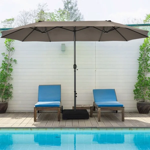 Parasol de Jardin Extérieur à 12 Côtes Base Renforcée Manivelle Poteau Métal Toile Polyester Parasol Plage pour Patio Café