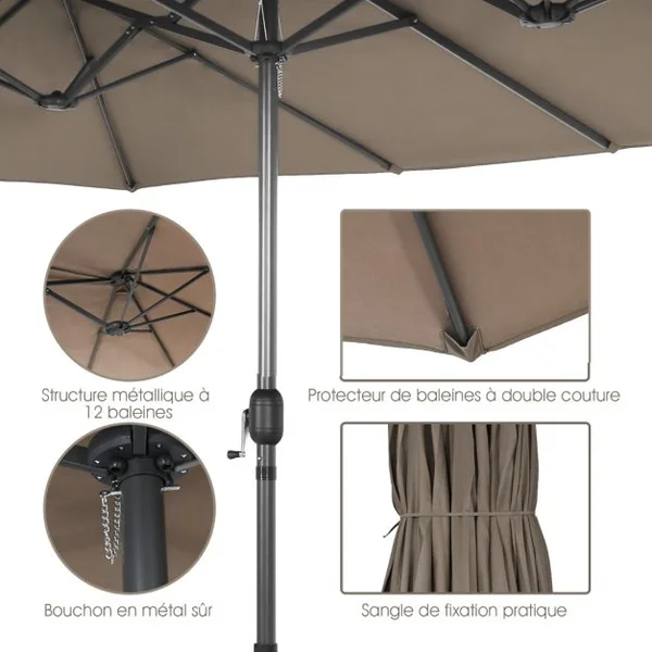 Parasol de Jardin Extérieur à 12 Côtes Base Renforcée Manivelle Poteau Métal Toile Polyester Parasol Plage pour Patio Café