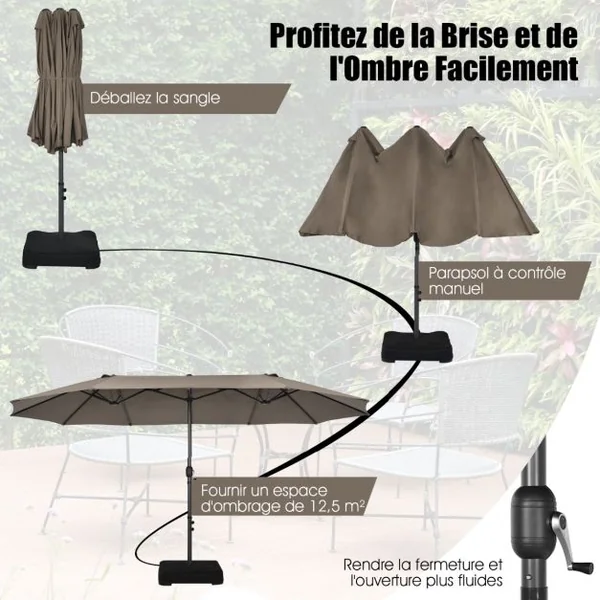 Parasol de Jardin Extérieur à 12 Côtes Base Renforcée Manivelle Poteau Métal Toile Polyester Parasol Plage pour Patio Café