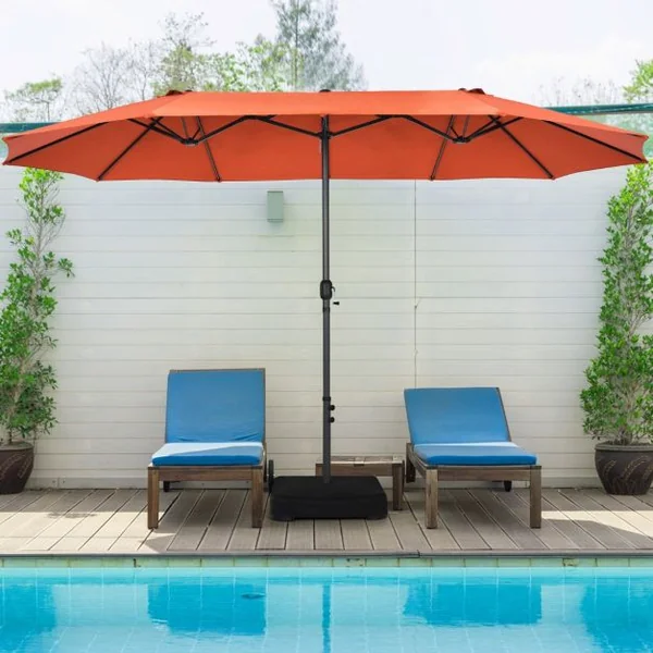 Parasol de Jardin Extérieur à 12 Côtes Base Renforcée Manivelle Poteau Métal Toile Polyester Parasol Plage pour Patio Orange